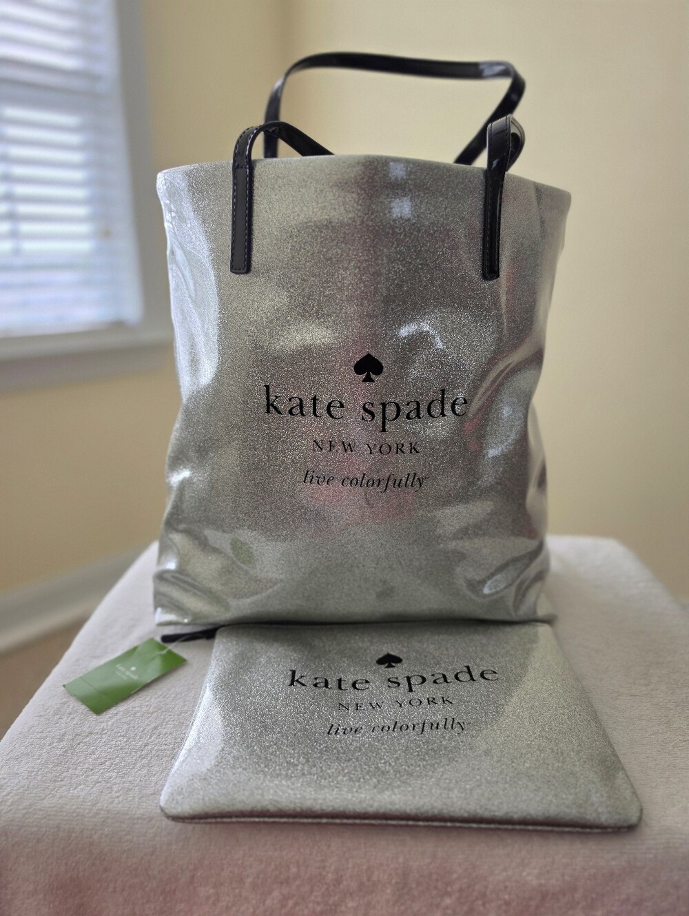 Kate Spade New York Metallic Silver Tote & Cosmetic Pouch Set